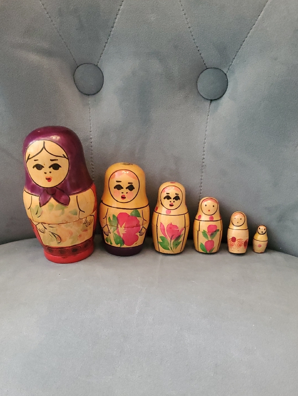 6 Hand-Painted Wooden Matryoshka Nesting Dolls - Purple Headscarf